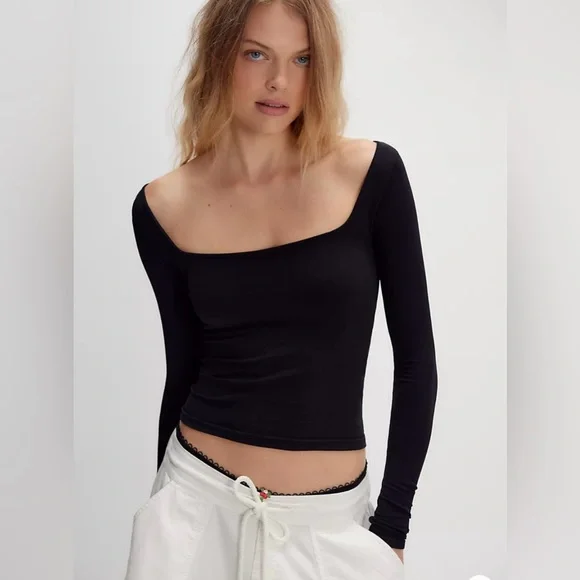 Free People Intimately Clean Line Black Long Sleeve Sz XS Square Neck Built Bra - Picture 10 of 11